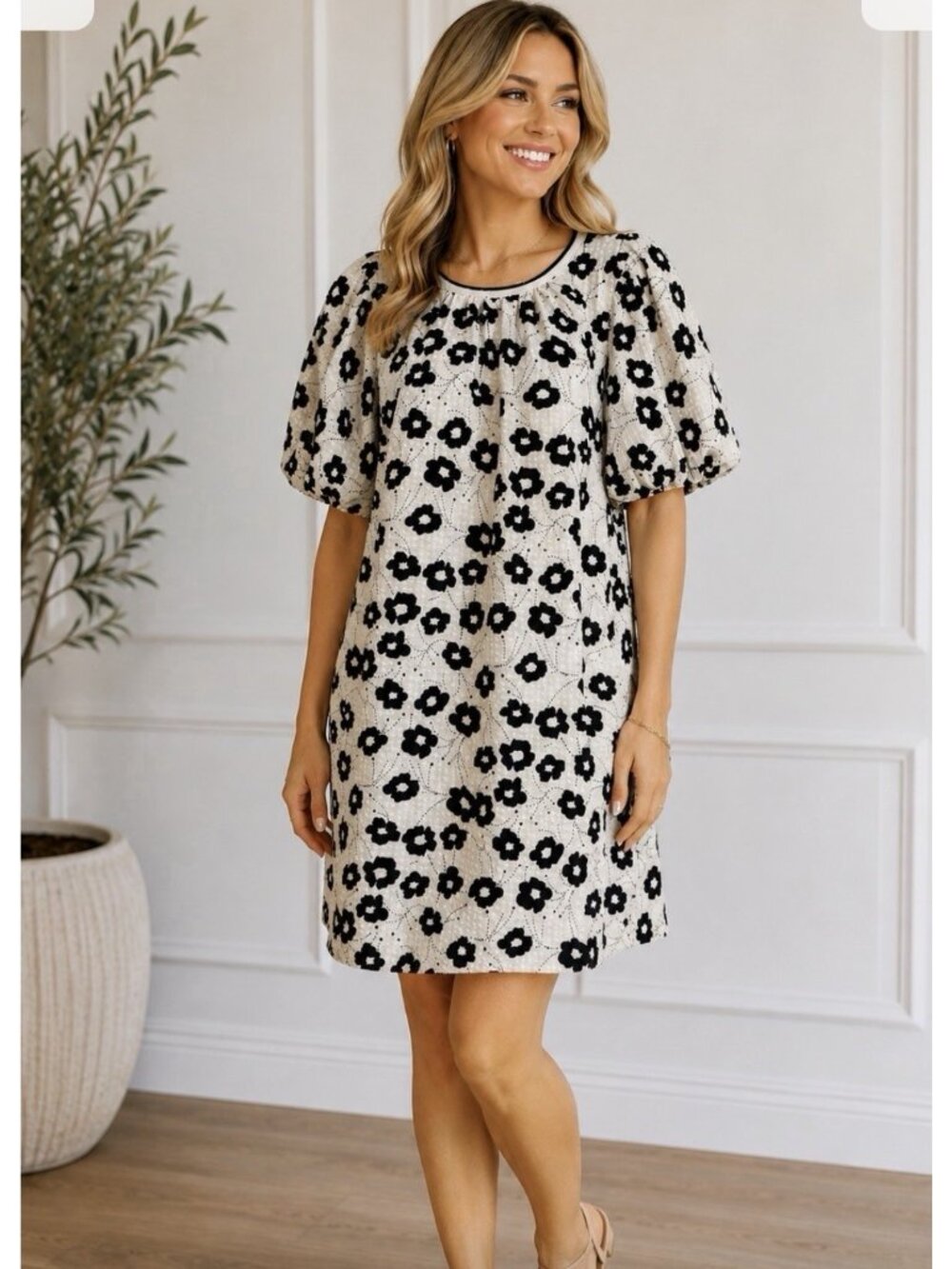 Anthropologie THML Dress Large Mini Black   White Floral Balloon Short Sleeve